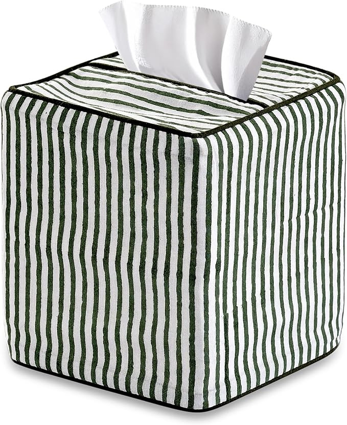 Ridhi Green Stripe Block Print Tissue Box Cover Handmade Cotton Fabric Decorative Square Napkin H... | Amazon (US)