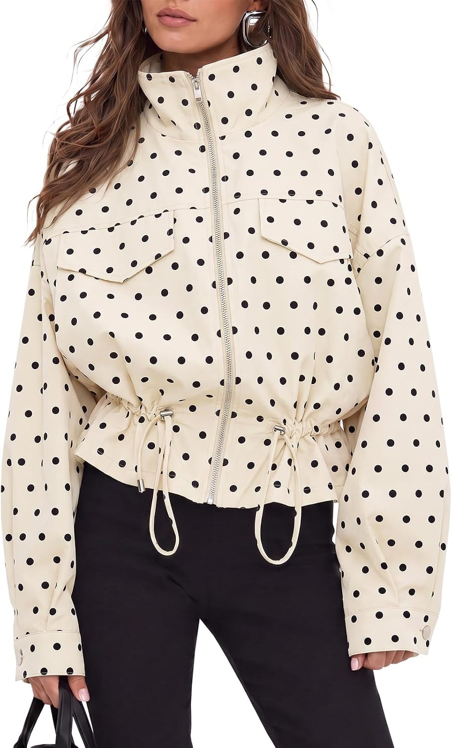 Fisoew Womens Zip Up Casual Jackets Polka Dot Drwatring Fall Trendy Coats | Amazon (US)