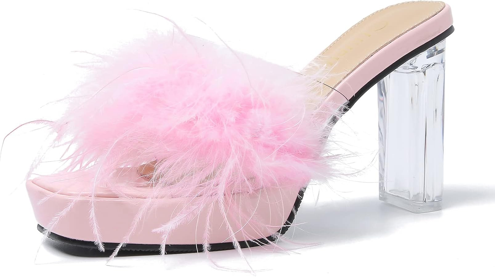 LIURUIJIA Women's Square Toe Platform Chunky Heel Slip on Sandals Feather Fuzzy Heels Mules Weddi... | Amazon (US)