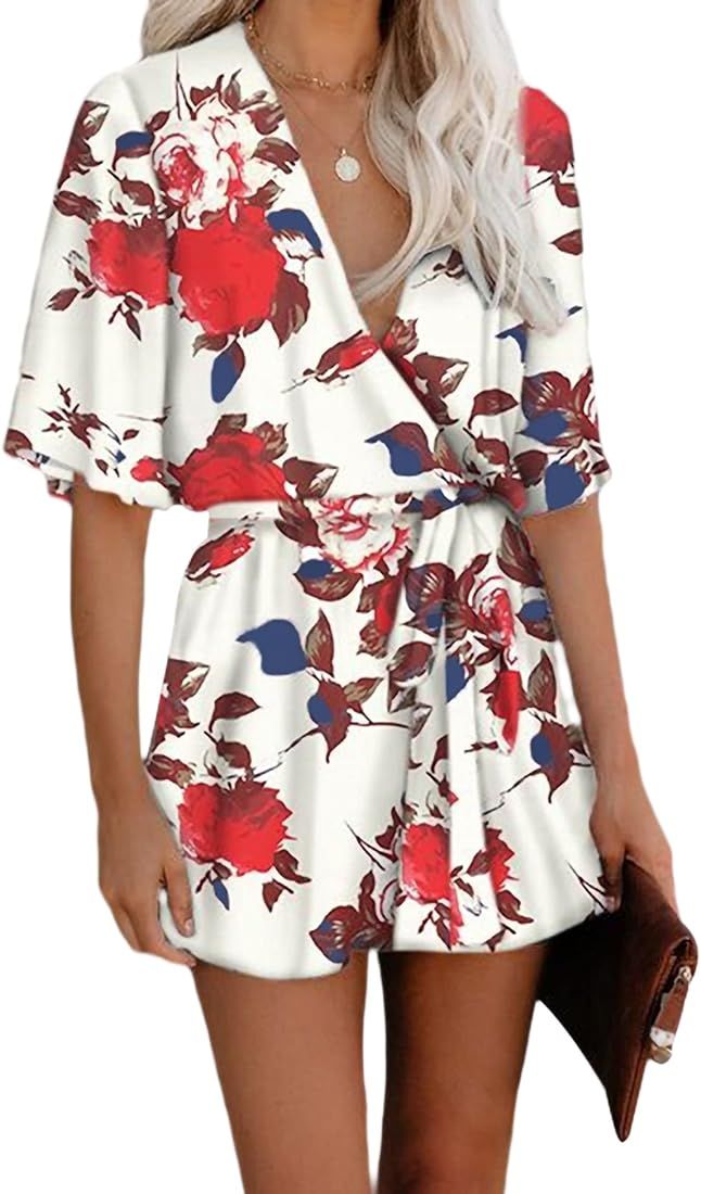 Women's Summer Deep V-Neck Floral Print Romper Ruffle Hem Half Flared Sleeve Jumpsuits Waist Tie ... | Amazon (US)
