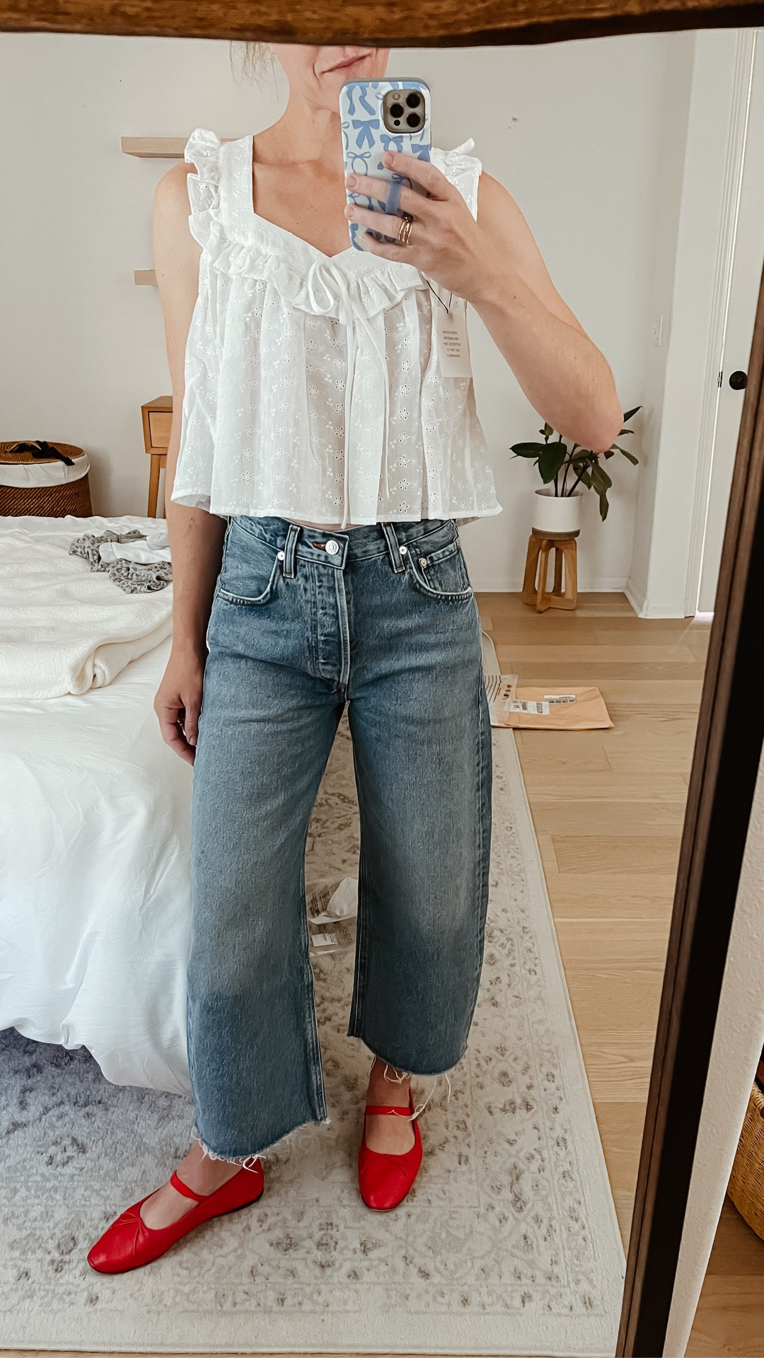 This outfit feels very 2018 me. Tried these jeans from Citizens —the Ayla raw hem and they’re just not quite right on my torso. The waist was a tad big and the inseam was a hair short. But the wash is the perfect blue! They run big so definitely size down. Wearing a 24.