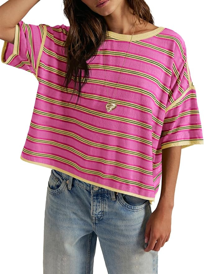 Tankaneo Womens Oversized Striped T-Shirts Summer Casual Color Block Short Sleeve Tops Drop Shoul... | Amazon (US)