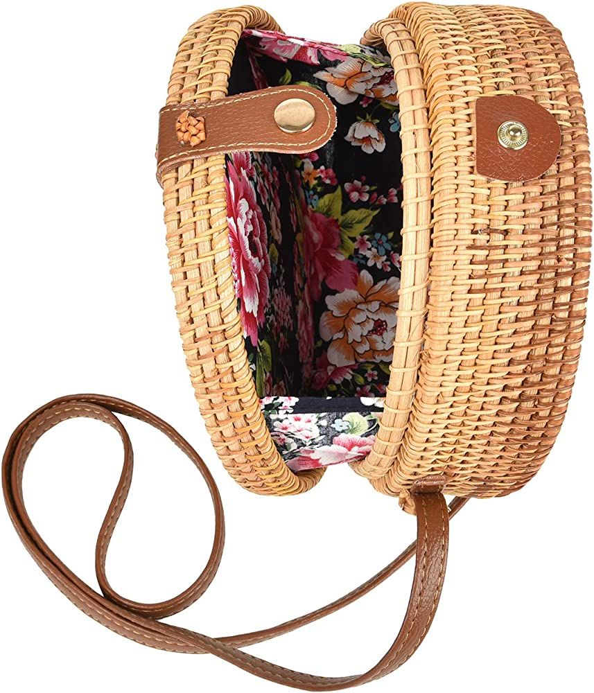 Handwoven Round Rattan Bag Tropical Beach Style Woven Shoulder Rattan Bag with Leather Strap | Amazon (US)