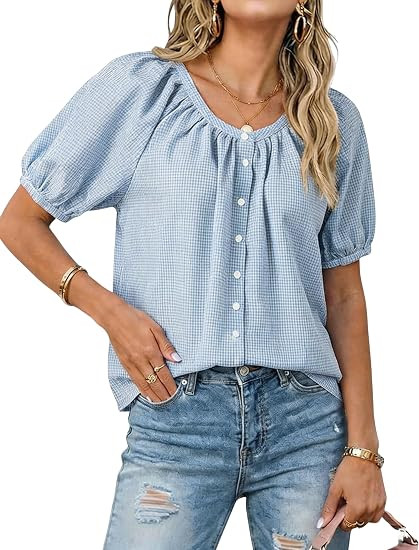 Tanming Womens Summer Plaid Button Down Shirts Short Puff Sleeve Cotton Crew Neck Gingham Blouses... | Amazon (US)