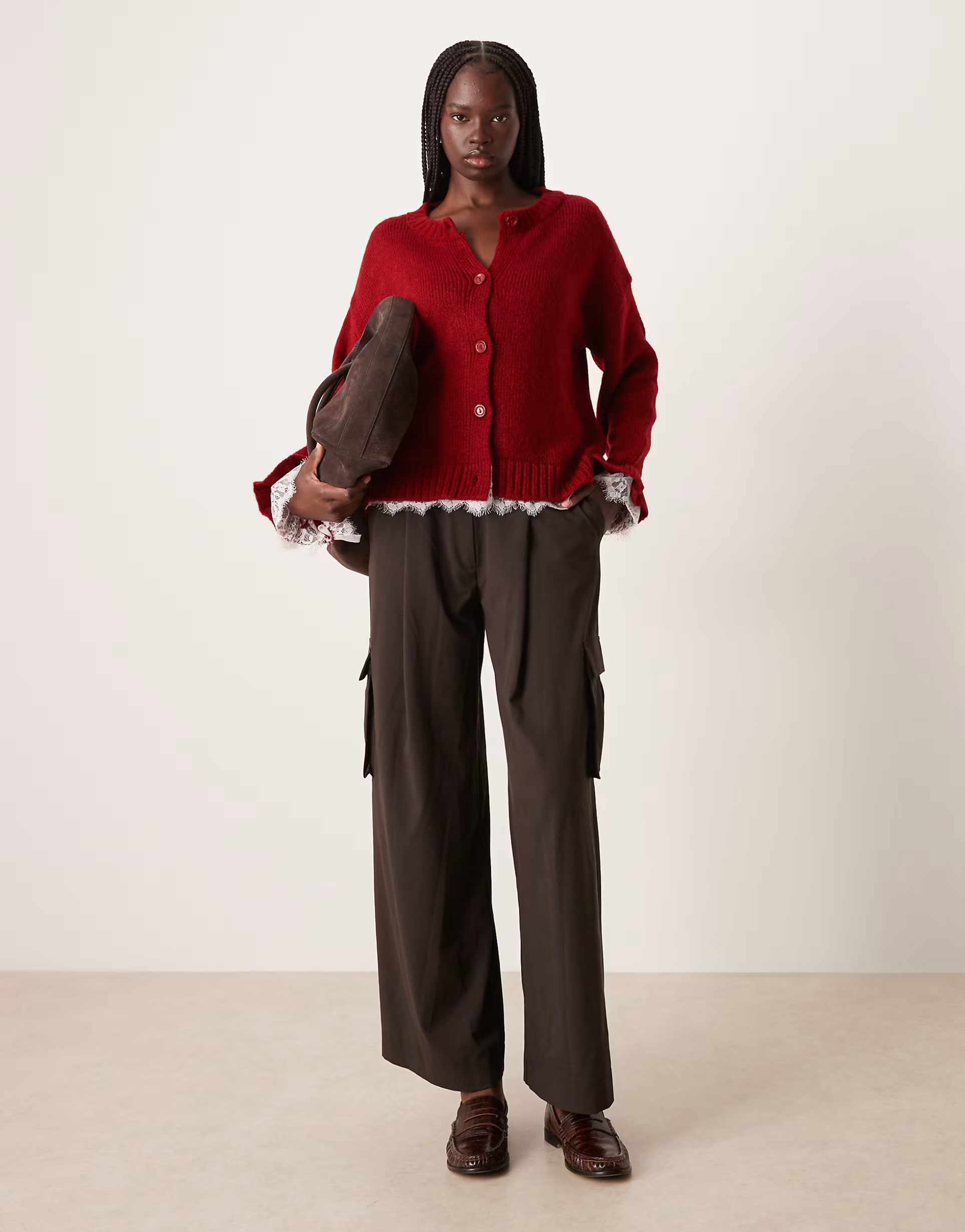 ASOS DESIGN knitted cardigan with lace inserts buttons in burgundy | ASOS | ASOS (Global)