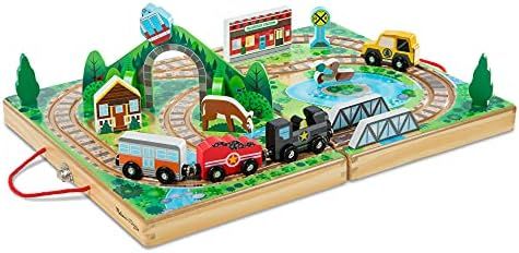 Melissa & Doug 17-Piece Wooden Take-Along Tabletop Railroad, 3 Trains, Truck,Play Pieces, Bridge | Amazon (US)