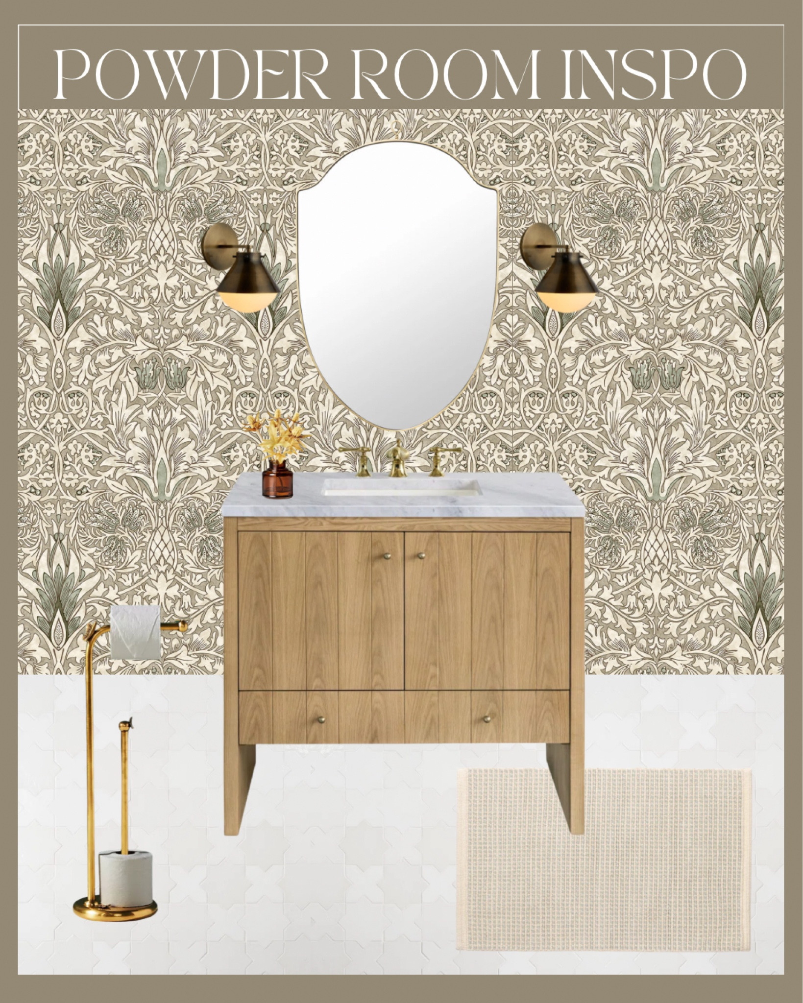 Powder Room Inspiration 

Bathroom, wallpaper, home decor, bath mat, rug, tile, flooring, lighting, bathroom light, wall light, wall sconce, wall mirror, faux plant, fall decor, vanity, bathroom decor, powder room 



#LTKStyleTip #LTKHome

#LTKFallSale #LTKHome #LTKStyleTip