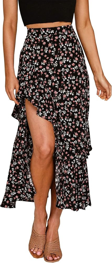BTFBM Women Boho Floral Print Long Skirt Dress Chic High Low Side Split Ruffle Hem Elastic Waist ... | Amazon (US)