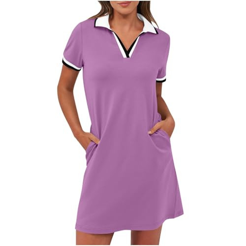 Women's Polo-Dress Short Sleeve V Neck Casual Tennis Dress Golf Mini Shirt Dresses with Pockets Workwear Sundress(Purple,XX-Large) | Amazon (US)