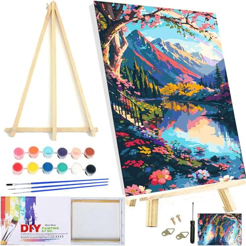 Framed Paint by Numbers Kit with Wooden Easel for Adults Beginners Landscpe Acrylic Easy Paint by Number Mountains Paint by Number Kits on Canvas with Nice Gift Box 12x16in | Amazon (US)