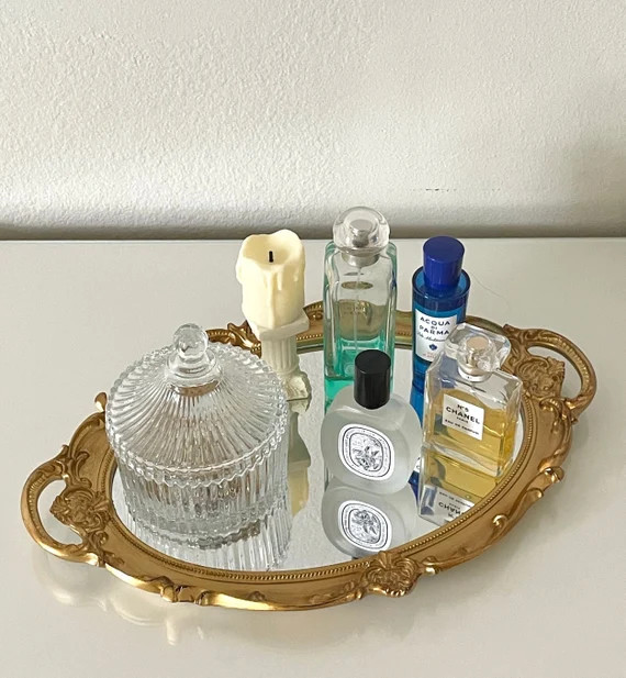 Oval Antique Style Mirror Tray / Golden Carving Vanity Decor - Etsy | Etsy (US)