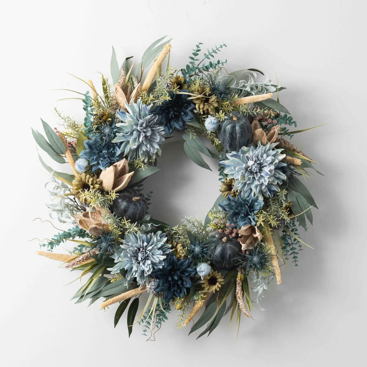 Autumn Shores - Blue Dried-Look Dahlia, Needleleaf Eucalyptus, Cattail  & Weathered Pumpkin Fall ... | Darby Creek Trading