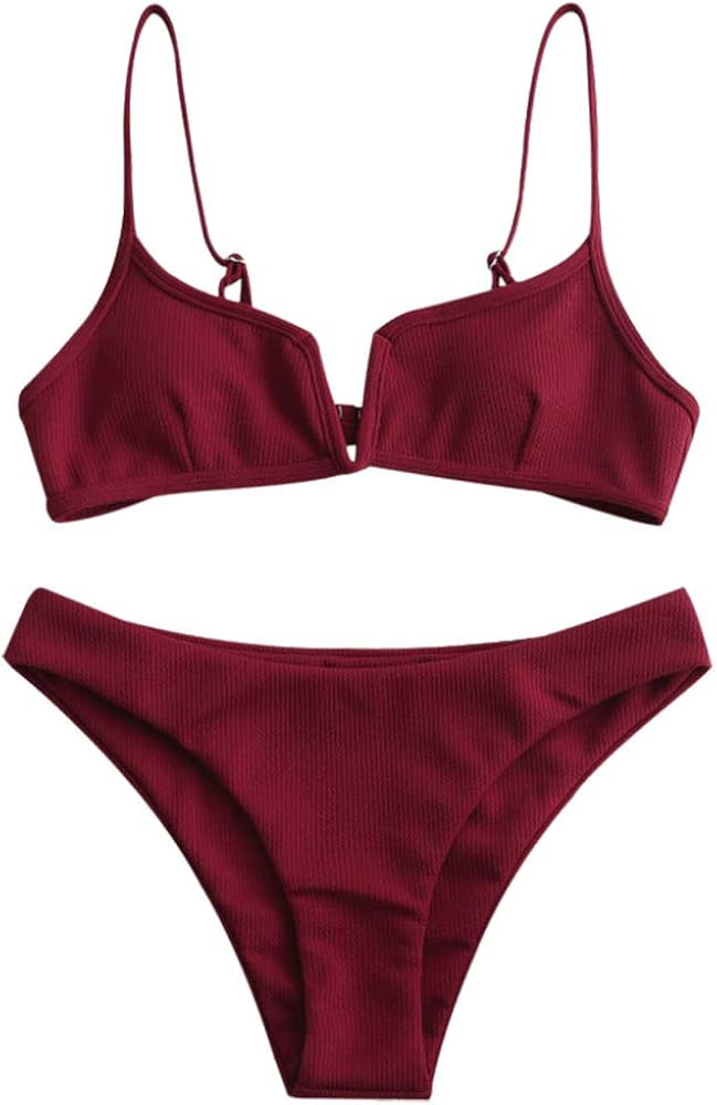 ZAFUL Women's V-Wire Padded Ribbed High Cut Cami Bikini Set Two Piece Swimsuit | Amazon (US)