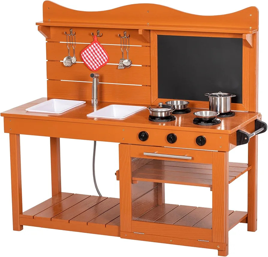 Kitchen Playset for Kids, Outdoor Wooden Mud Kitchen Set w/2 Removable Sinks & Spray Pipe, Backya... | Amazon (US)