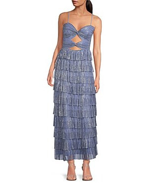 Gianni Bini Grace Metallic Plisse Sweetheart Neck Cut-Out Tiered Dress - 14 | Dillard's