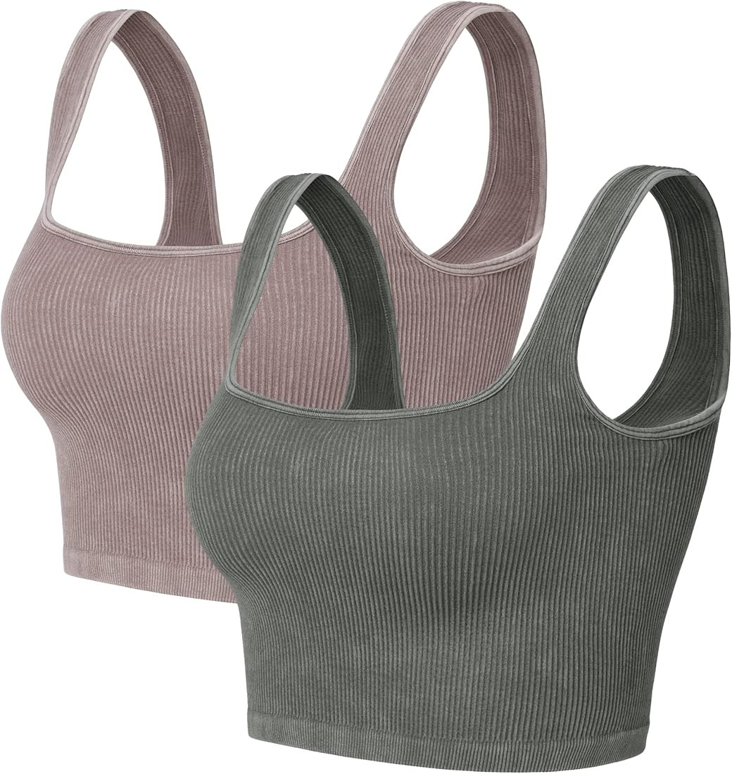 ODODOS Women's Seamless Crop Tank 2-Pack Ribbed Knit Square Neck Cropped Tops Casual Low Back Cam... | Amazon (US)