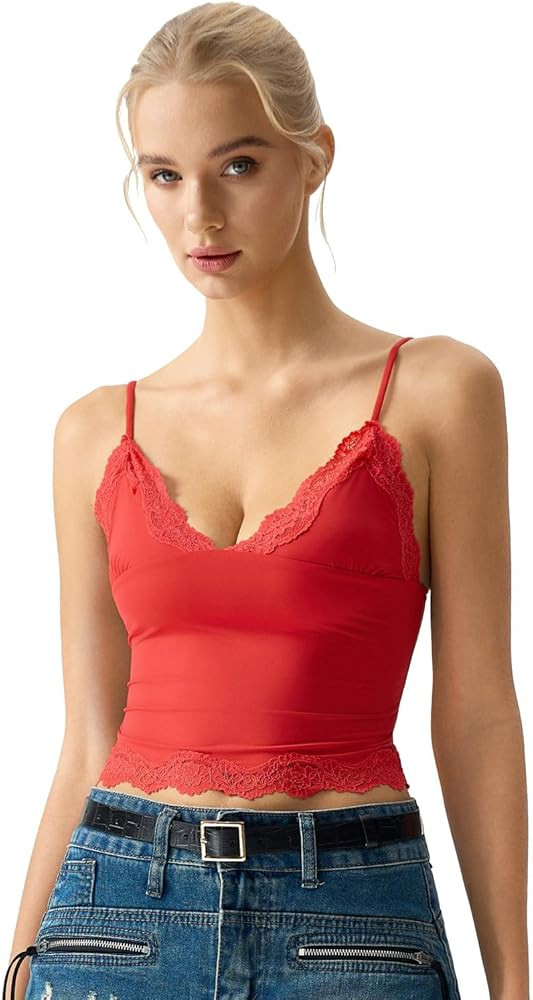 QINSEN V Neck Lace Trim Cami for Womens Spaghetti Straps Slimming Fit Sleeveless Tank Camisole Cr... | Amazon (US)