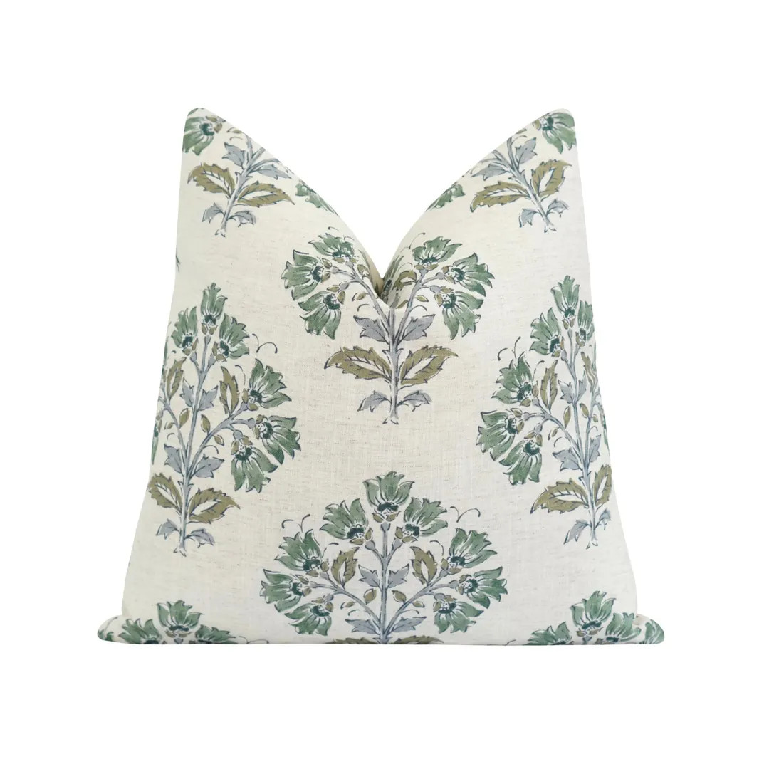 Countryside Cottage Floral Print Pillow Cover • Moss Green and Gray Floral on Natural Linen Ble... | Etsy (US)