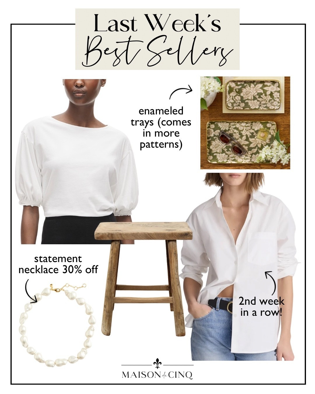 Last week’s best sellers include the best oversized button up, a gorgeous pearl statement necklace 30% off, pretty enameled trays, and more!

Home decor, wood stool, summer fashion, tee shirt, summer tops

#LTKOver40 #LTKHome #LTKSaleAlert