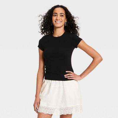 Women's Short Sleeve Ribbed T-Shirt - Universal Thread™ Black L | Target