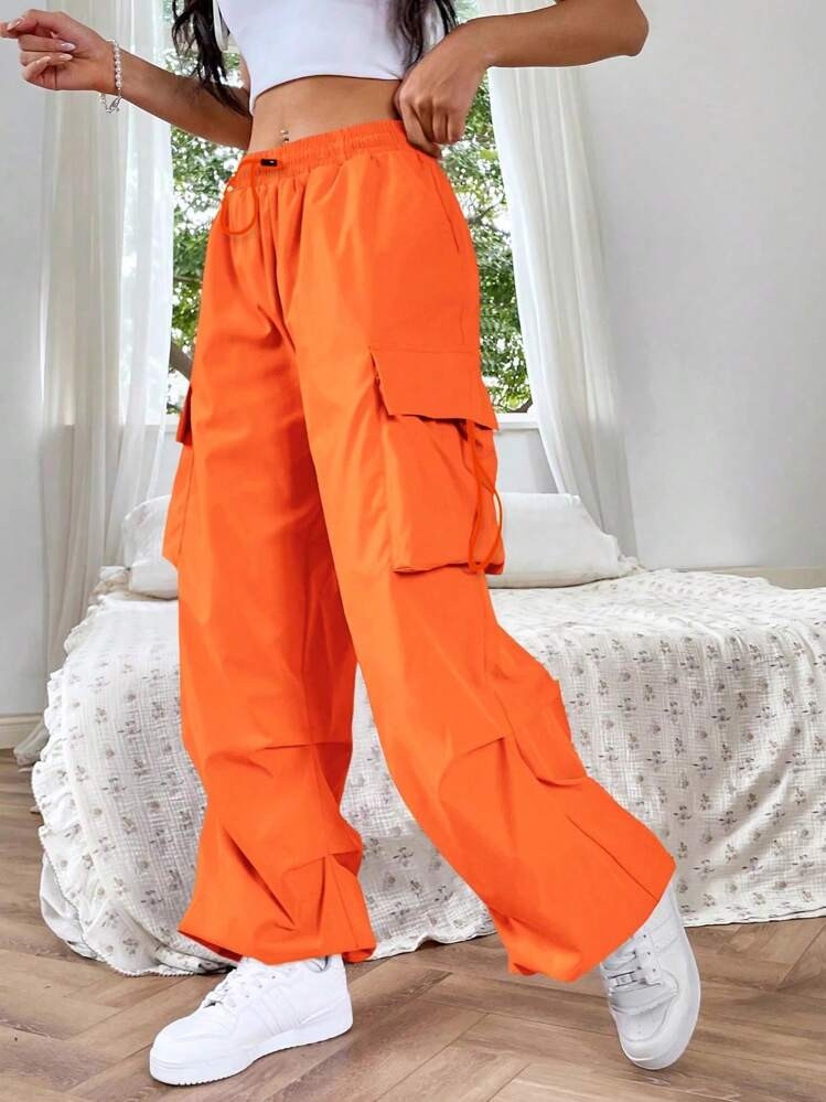 SHEIN EZwear Dopamine Orange Solid Color Drawstring Cargo Pants | SHEIN