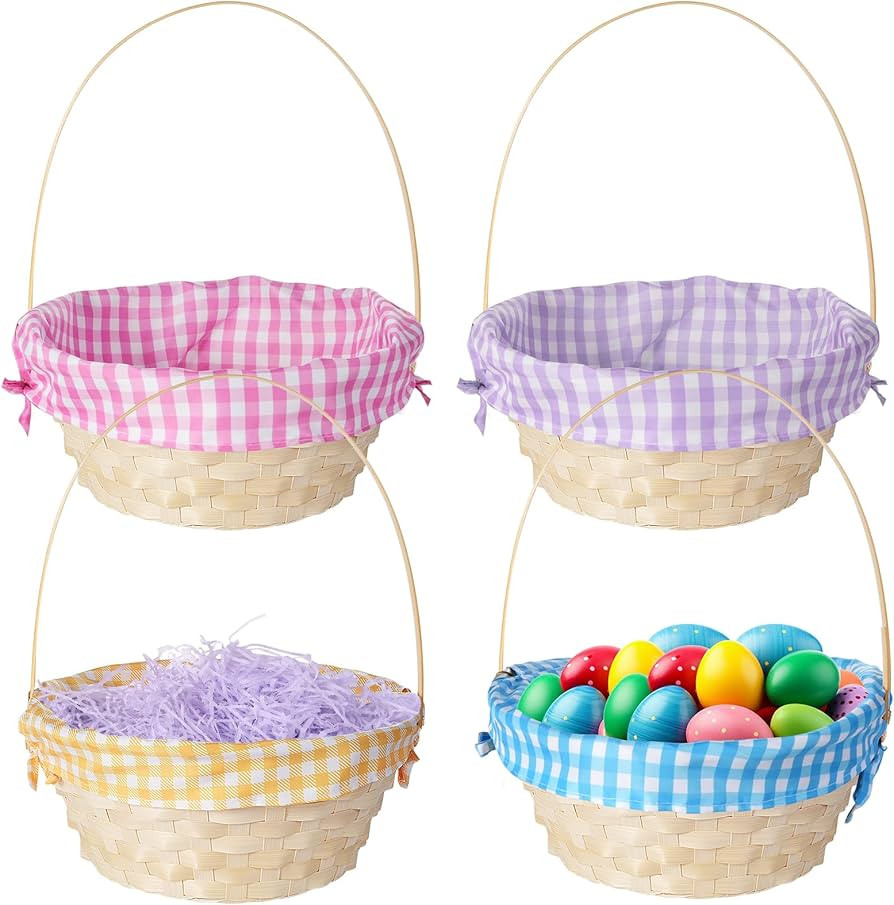 4 Pack Easter Baskets with Handles and 4 Color Plaid Liners,Empty Wicker Woven Basket Set for Eas... | Amazon (US)