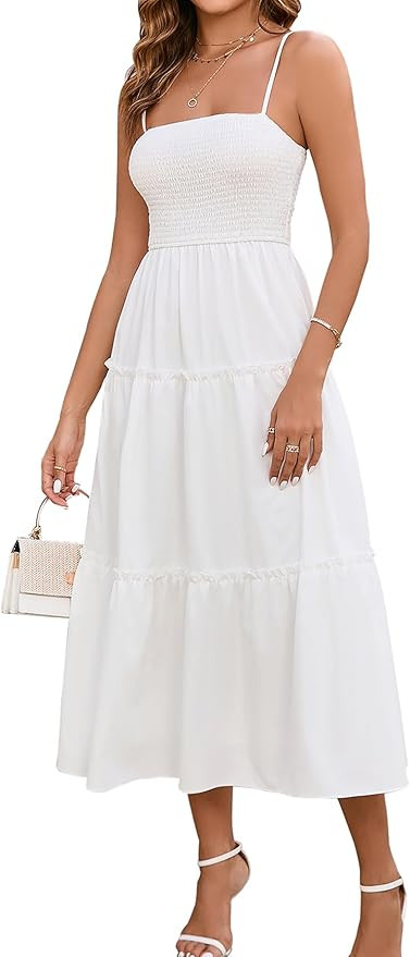 EYNMIN Women's Summer Midi Dress Casual Boho Beach Sundress Spaghetti Strap Sleeveless Smocked Fl... | Amazon (US)