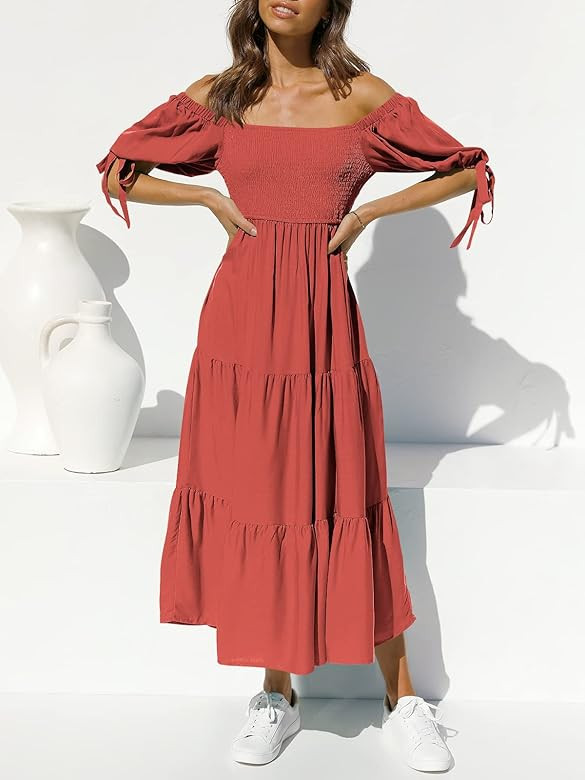 LOGENE Women Summer Square Neck Puff Sleeve Off Shoulder Ruffle Tiered Smocked Long Midi Dress | Amazon (US)