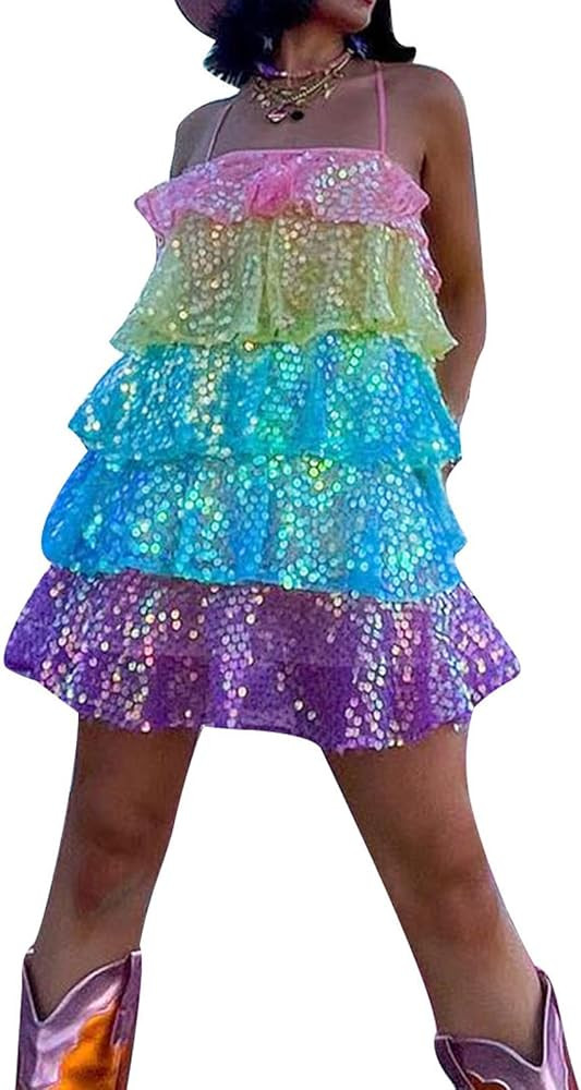 Multitrust Women Sequin Glitter Layered Mini Dress Spaghetti Strap Sparkle Party Clubwear Dresses | Amazon (US)
