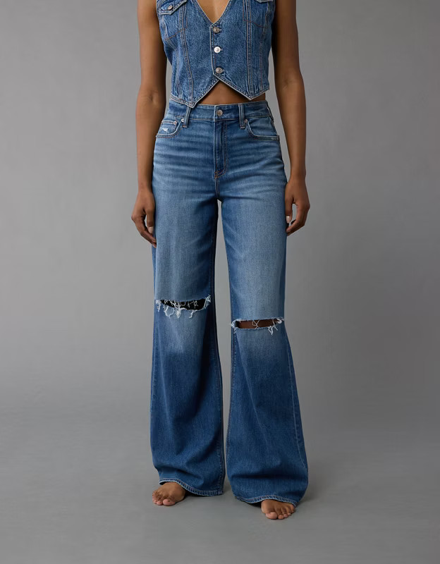 AE Dreamy Drape Stretch Super High-Waisted Baggy Wide-Leg Ripped Jean | American Eagle Outfitters (US & CA)