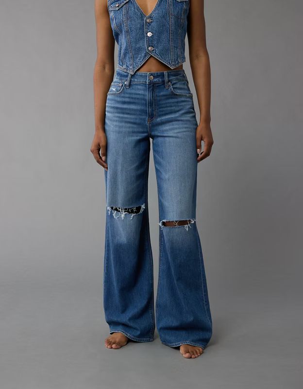 AE Dreamy Drape Stretch Ripped Super High-Waisted Baggy Wide-Leg Jean | American Eagle Outfitters (US & CA)