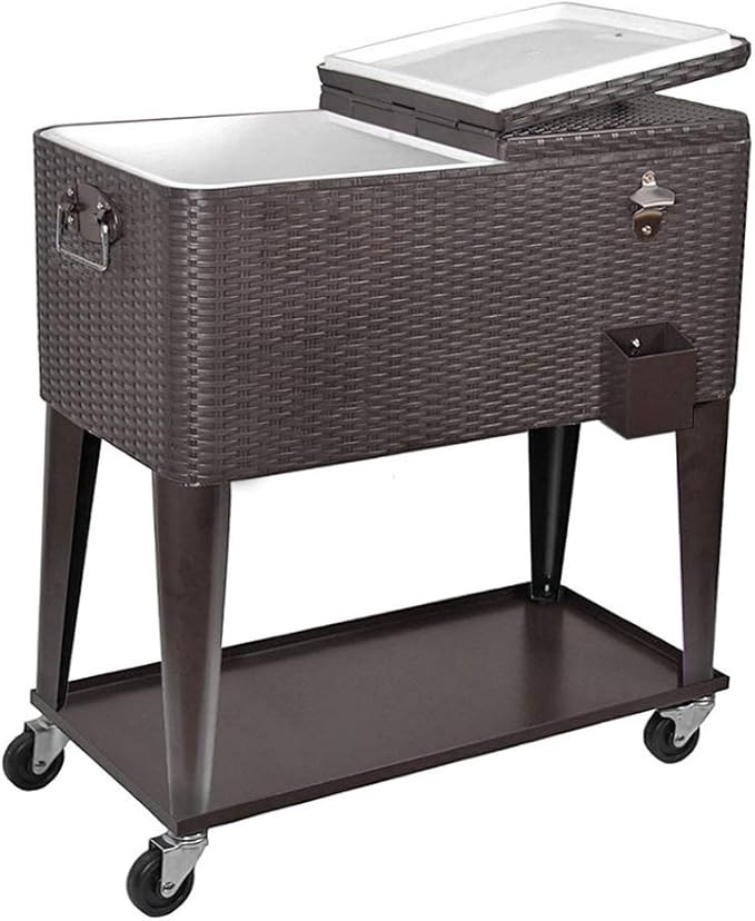 80 Quart Qt Rolling Cooler Ice Chest Cart for Outdoor Patio Deck Party, Dark Brown Wicker Faux Ra... | Amazon (US)
