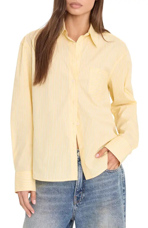 Good American Boxy Stripe Cotton Poplin Blend Button-Up Shirt in Butterbeam Stripe at Nordstrom, Size Medium | Nordstrom