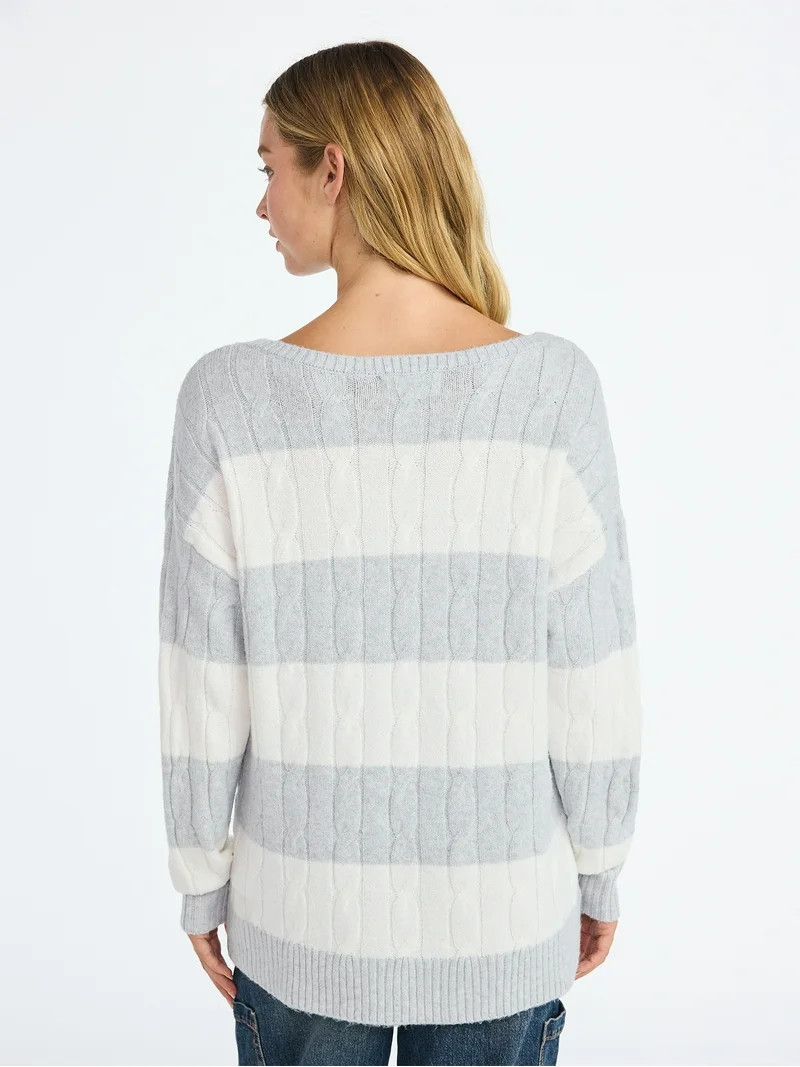 No Boundaries Boatneck Pullover Cable Knit Sweater, Lightweight, Women's | Walmart (US)