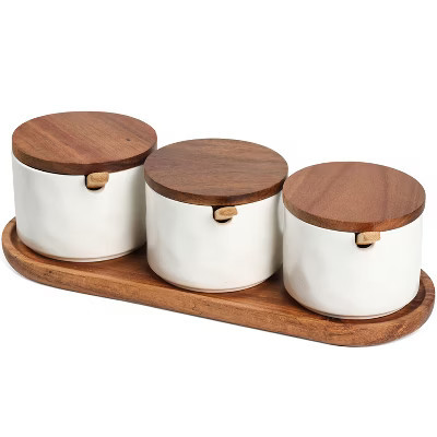 Garnen Wooden Tray Spice Jars Set, White Ceramic Spice Containers, Condiment Container with Lid, Decorative Ceramic Spice Jars Organizer with Spoon | Target