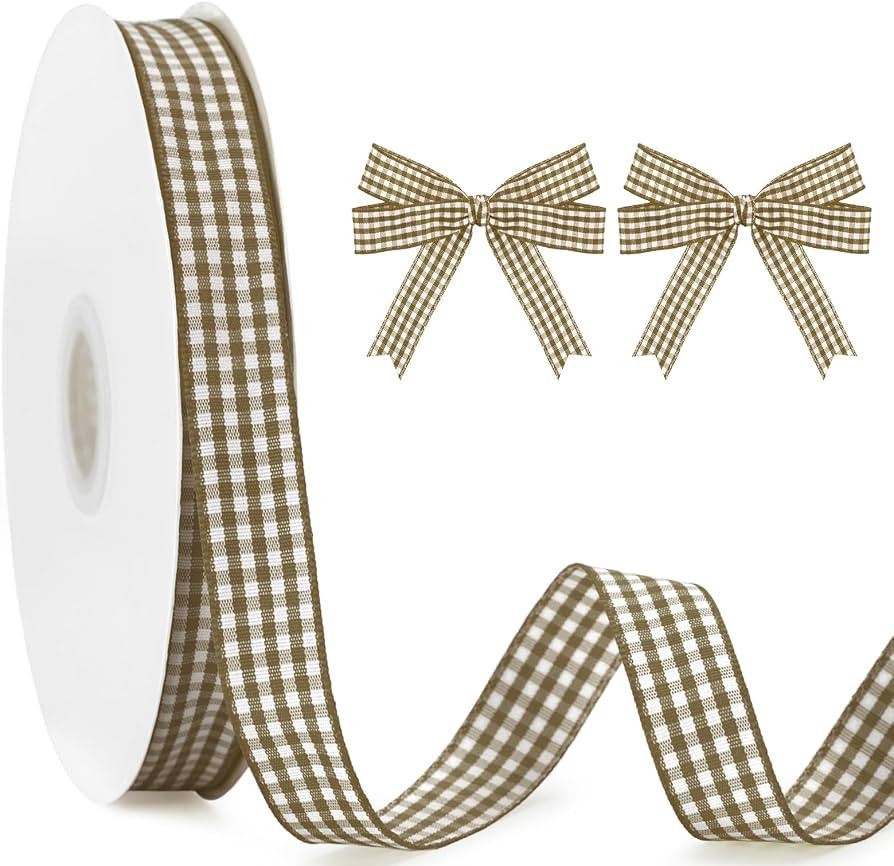 KINGLAKE Brown Gingham Ribbon - 5/8'' x 50 Yds Tan Plaid Ribbon | Amazon (US)