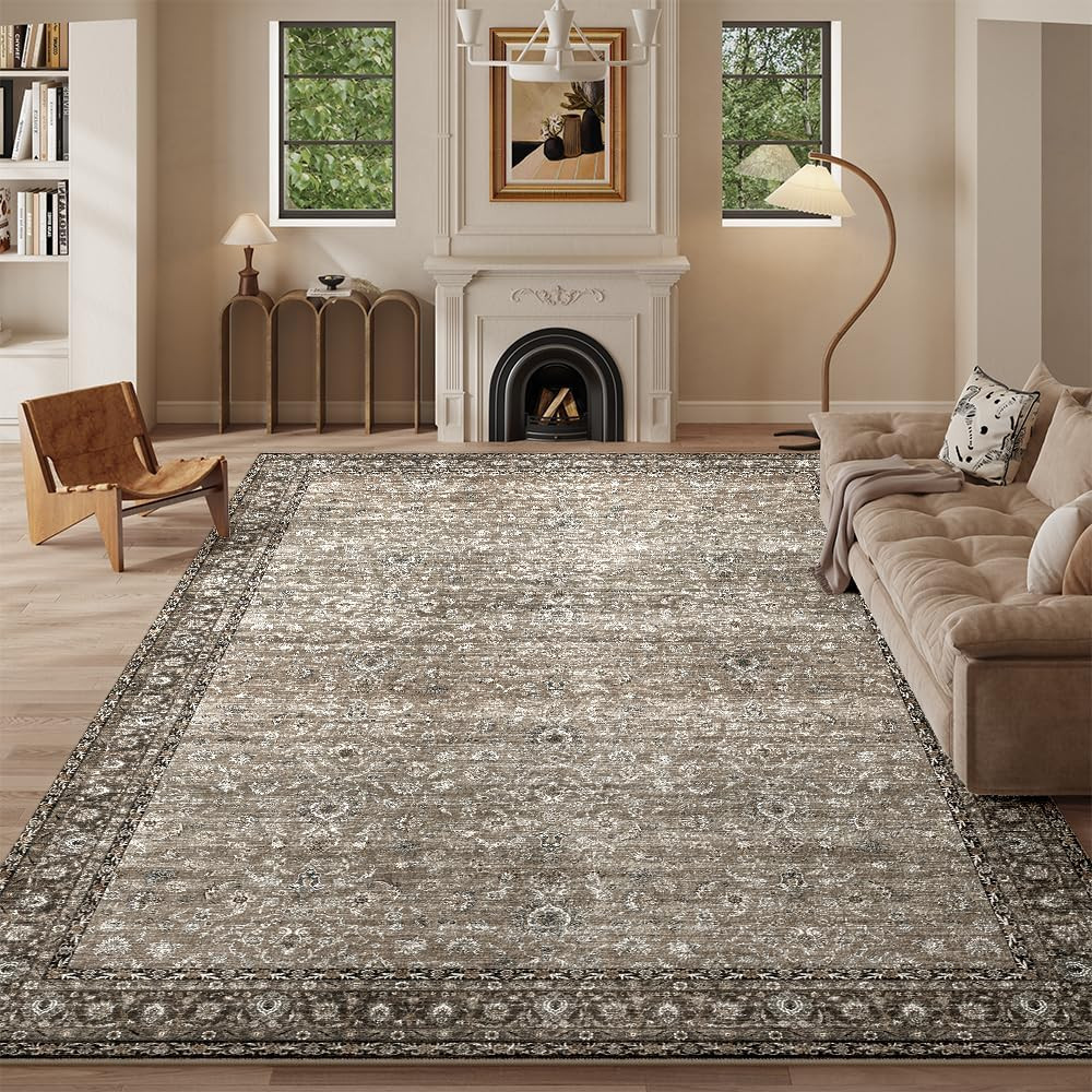 8x10 Grey Brown Washable Area Rug for Living Room, Vintage Print | Amazon (US)