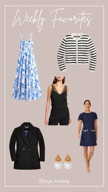 Weekly Favorites/Best Sellers🩵

Blue and white floral maxi dress (perfect for a vacation, baby shower, brunch, graduation)
Navy and ivory striped cardigan (classic, 32% off)
Black lace trim cami 
Black blazer (thicker material, extra 60% off) 
Navy tweed mini dress (perfect work dress, extra 30% off) 
Pearl drop earrings (under $15)


#LTKstyletip #LTKworkwear #LTKsalealert