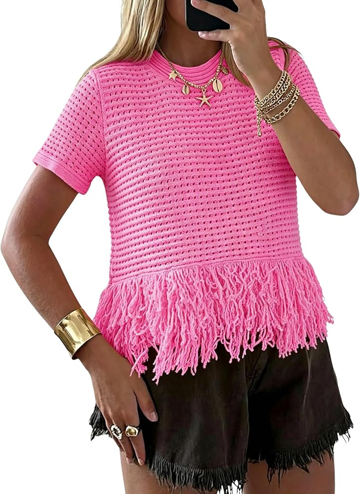 PUWEI Womens Short Sleeve Fringe Tops Crew Neck Boho Crochet Cropped Tops Summer Trendy Knit Swea... | Amazon (US)