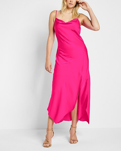 Conscious Edit Satin Cowl Neck Asymmetrical Hem Maxi Slip Dress | Express