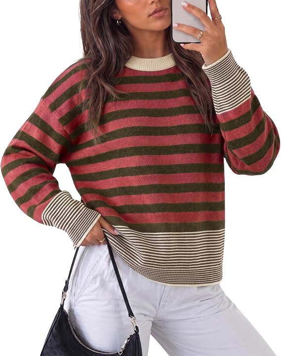 Fisoew Womens Sweater Striped Pullover Fall Loose Fit Knit Casual Tops | Amazon (US)