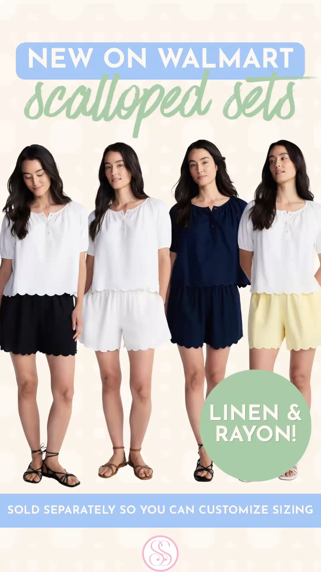 @moneysavvymama  spotted and shared these beautiful scallop sets before they were even online, so please give her her flowers for this find. 💐🙌🙏They’re live now and obviously I already added them to cart.

New scalloped sets just landed at Walmart and they're sold as separates, which is the best way to do matching sets. 

The scalloped blouse and scalloped shorts from Time and Tru are both 53% linen, 47% rayon, so they breathe in summer heat the way a linen blend should. The blouse has a scoopneck, short puff sleeves with elastic cuffs, a three-button placket, and that scalloped hem running along the bottom. The shorts have a smocked elastic waistband, mid-rise, side-seam pockets, and the same scalloped hem detail. Both come in four colors. Navy, white, black, and yellow. 

Sold separately means you can size up in the shorts and keep your regular size in the top, or grab one piece on its own if you already have something to pair it with. Buy both together and you have a matching scalloped linen set for summer. 

Style these for: 
🤍 Beach vacation outfit with sandals and a straw tote 
🤍 Resort dinner with gold jewelry and wedges 
🤍 Spring brunch or Mother's Day lunch 
🤍 Travel outfit that packs light and won't wrinkle 
🤍 Weekend errands that still look pulled together 

Searching for scalloped top, scalloped shorts, scalloped matching set, linen sets, two piece sets women, beach outfit, vacation outfits, summer outfits 2026, resort wear, travel outfits, or spring outfits 2026? These are it. 

#LTKFindsUnder50 #PreppyStyle #LookForLess #WalmartStyle #WalmartFinds #LinenSets #ScallopedSet 


#LTKSeasonal #LTKTravel #LTKSwim