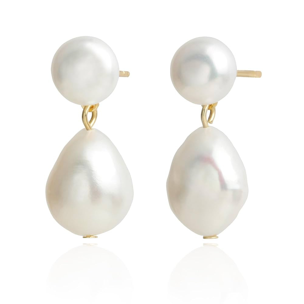 Handmade Freshwater Cultured White Baroque Pearl Dangling Drop Earrings for Women, 14K Gold Plate... | Amazon (US)