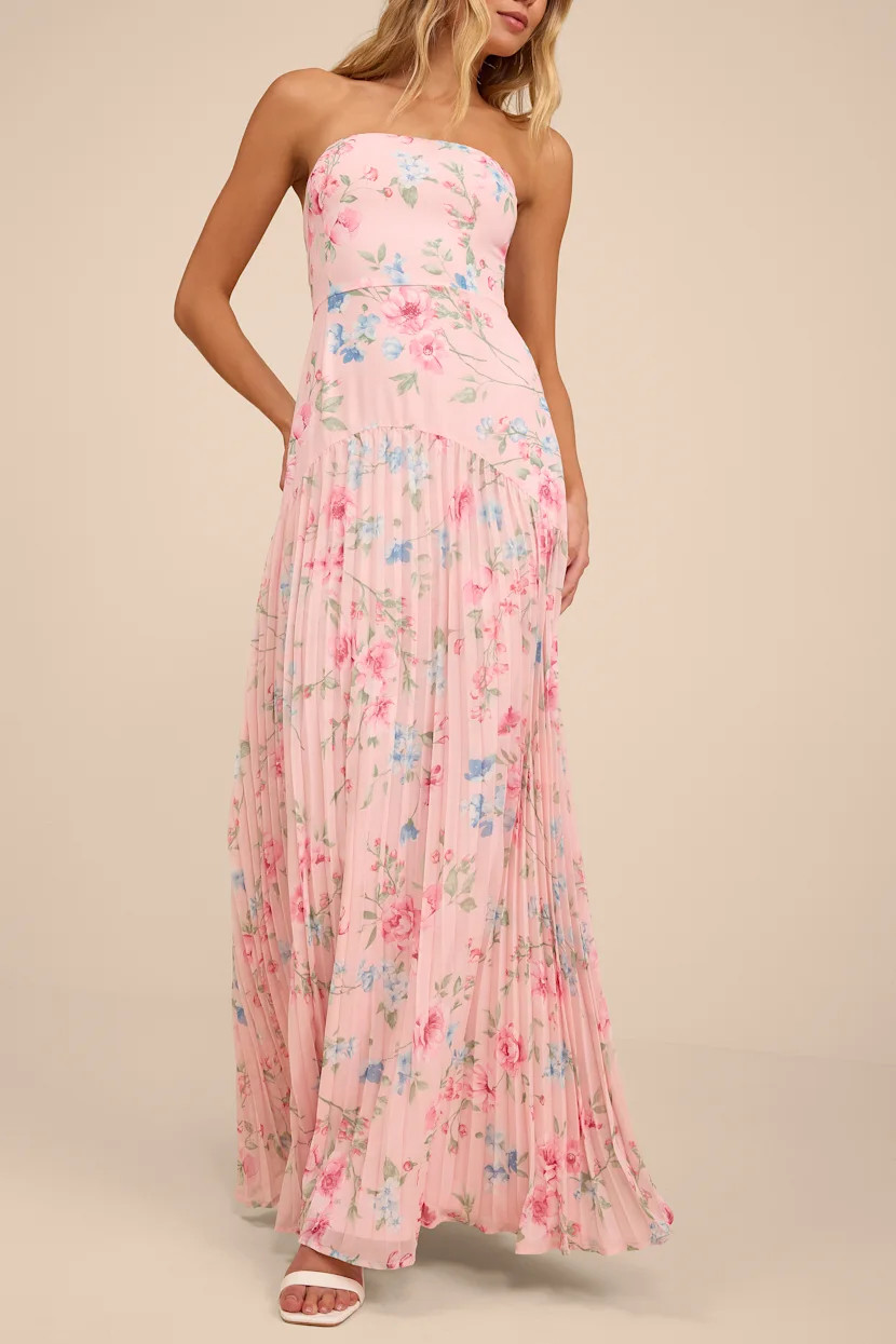 Celebratory Aesthetic Pink Floral Pleated Strapless Maxi Dress | Lulus