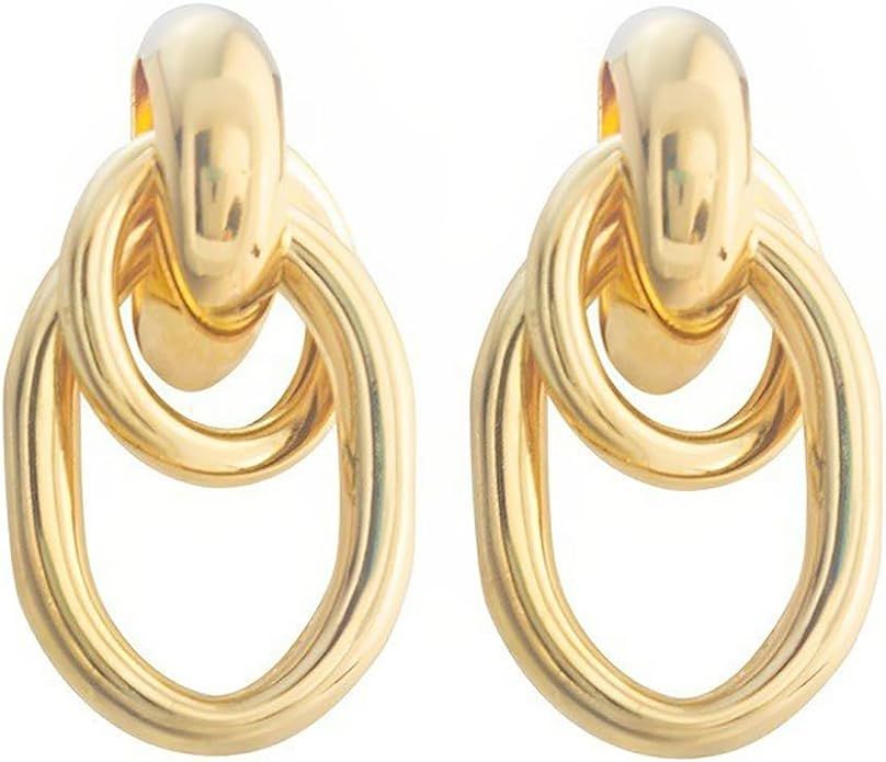 14K Gold Door Knocker Statement Earrings for Women Geometric Circle Twisted Earrings Round Drop D... | Amazon (US)
