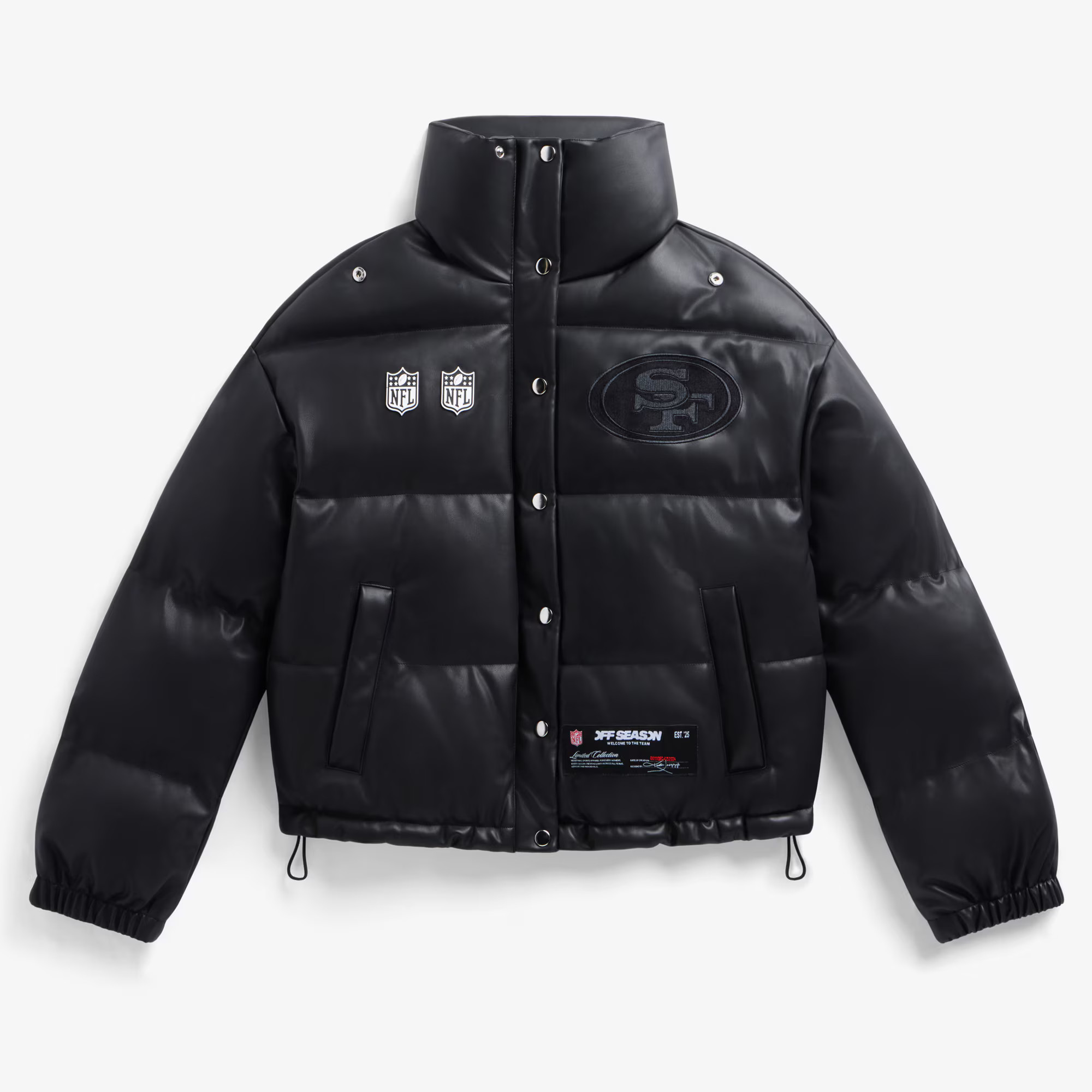 San Francisco 49ers Off Season x NFL Women's Faux Leather Puffer Jacket - Black | Fanatics