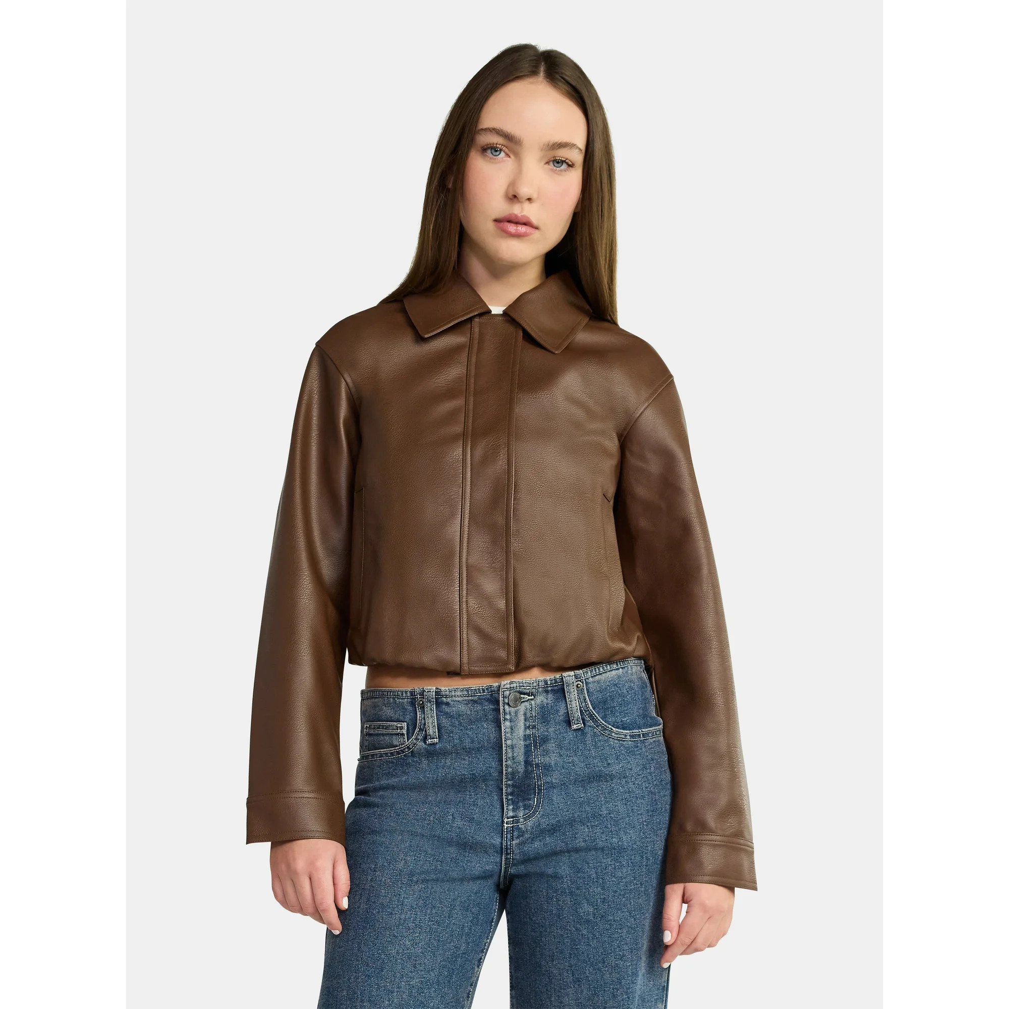 No Boundaries Bubble Hem Faux Leather Bomber Jacket, Women's | Walmart (US)