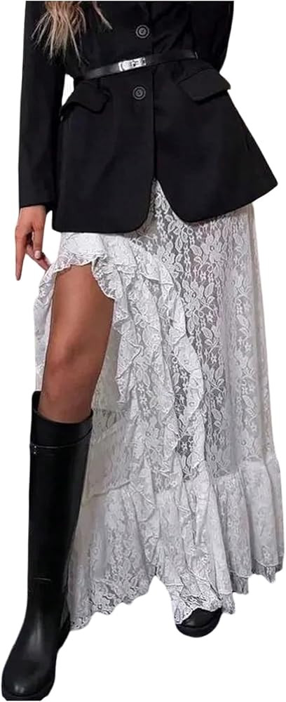 SweatyRocks Women's Y2k Lace Ruffle Asymmetrical Maxi Skirts Western Renaissance Fairy Skirt | Amazon (US)