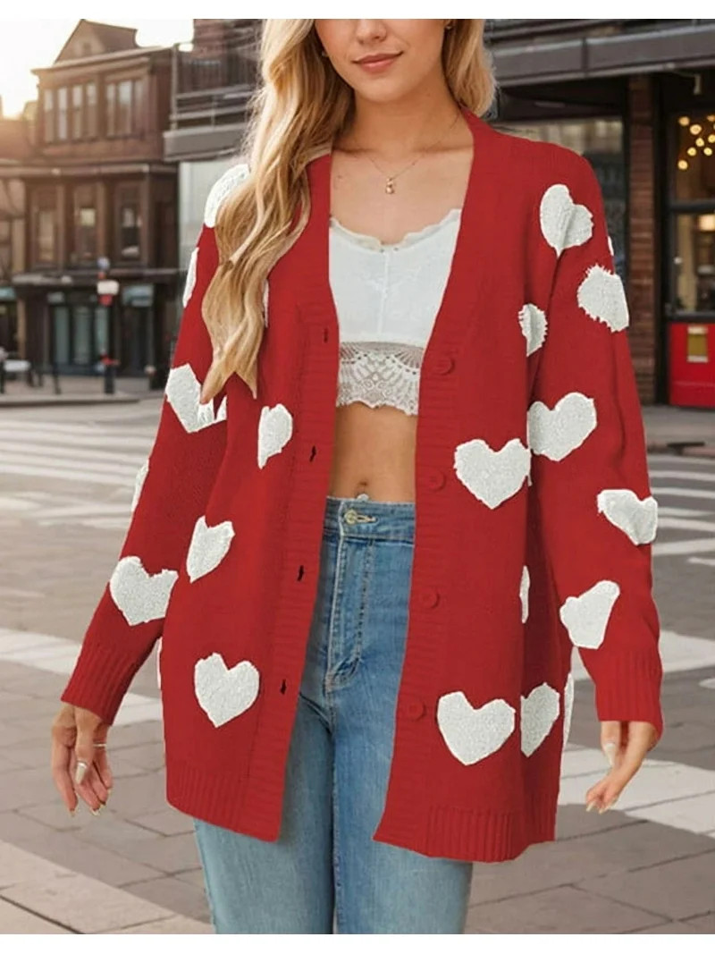 Valentine Cardigans for Women Cute Fleece Heart Patch Button Down Cardigan Sweaters Shermie | Walmart (US)