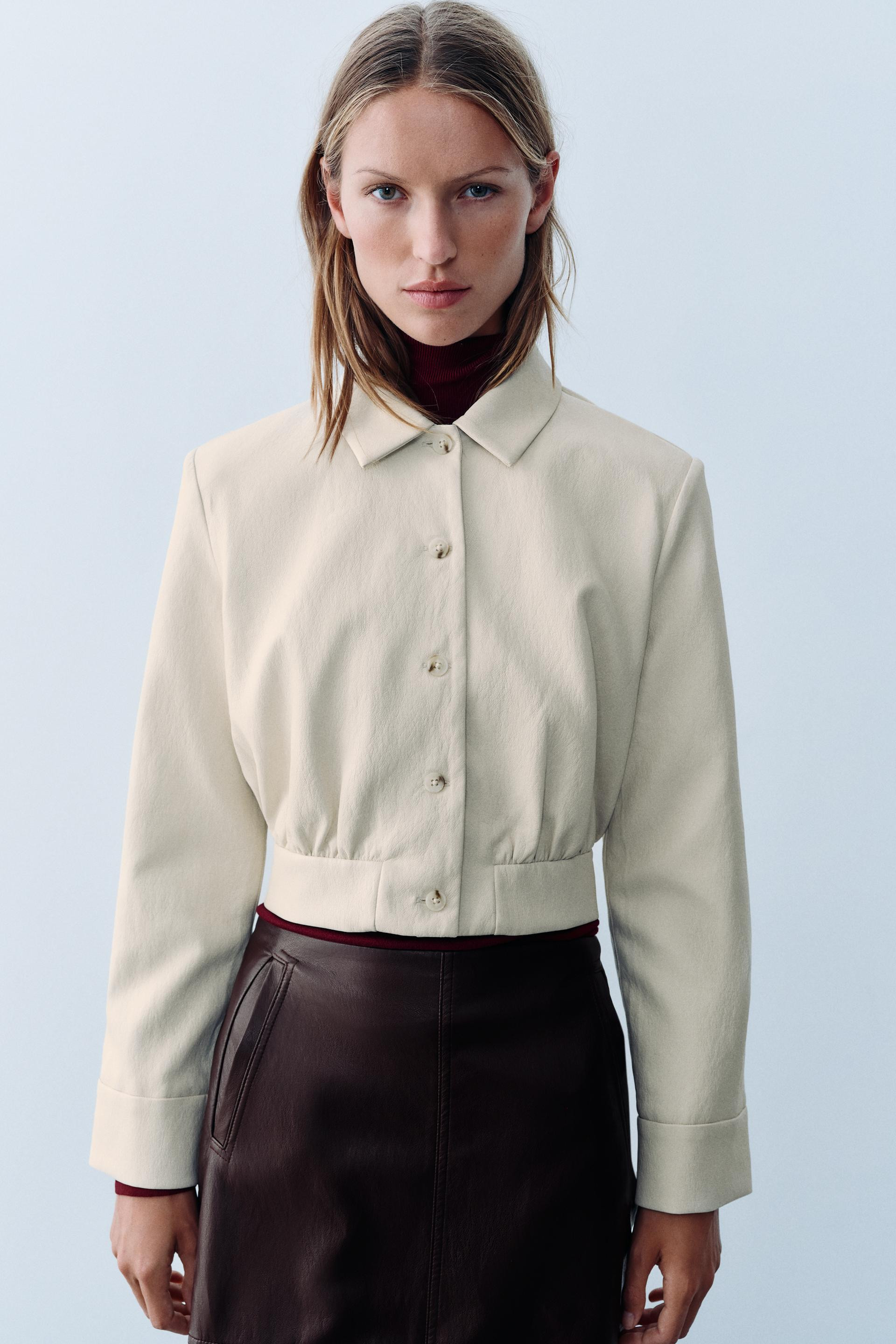 Zara - Cropped Leather-Effect Shoulder-Pad Shirt - Ecru - S - Woman | Zara US